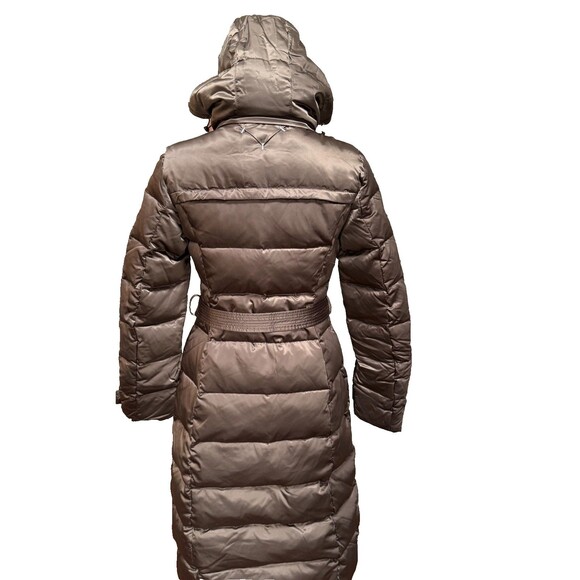 Women’s Long Belted Puffer Coat Sz S Brown Quilted Winter Jacket Removable Hood - Picture 8 of 12